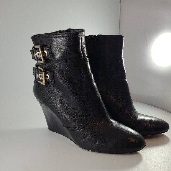 NINE WEST Herbert LEATHER WEDGE Heel BOOTS Buckled BOOTIES Black 9M - Picture 4 of 11